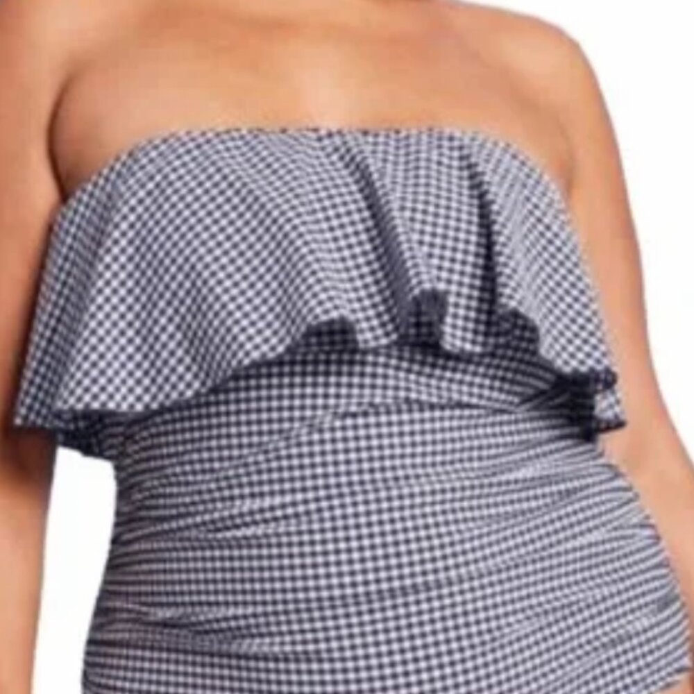 NWT Womens strapless gingham checkered blue & white one piece swimsuit sz 14w